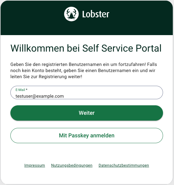 Welcome screen for Self Service Portal, prompting email entry for account access.